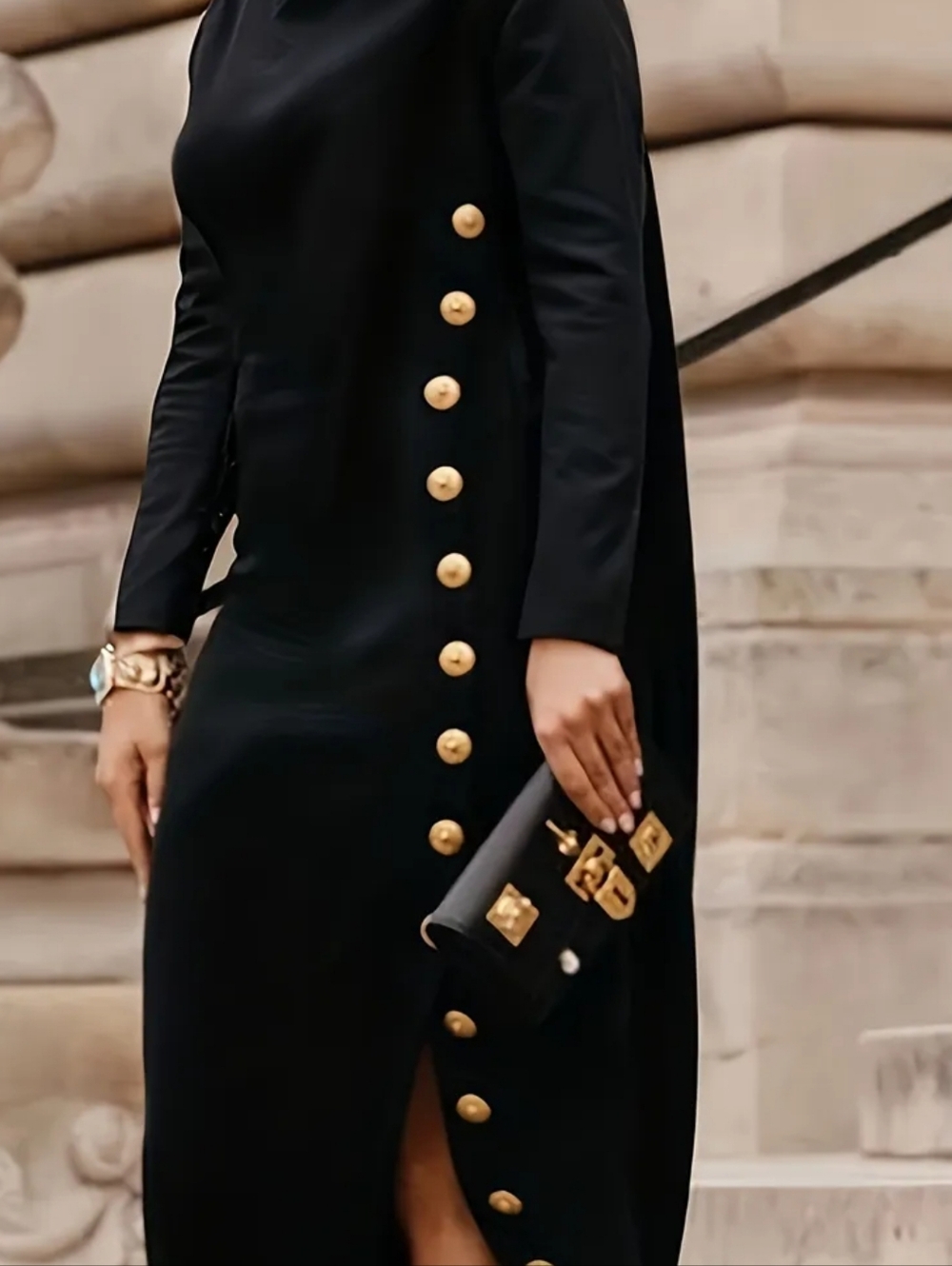 Elegant Black Long-Sleeve Maxi Dress with Gold Buttons - Picture 2 of 4